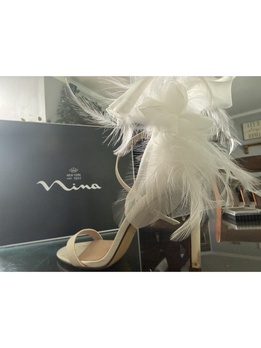 Nina Dollye-LS Ivory Satin Feather Heels Size 7M Bridal Wedding Party Shoes